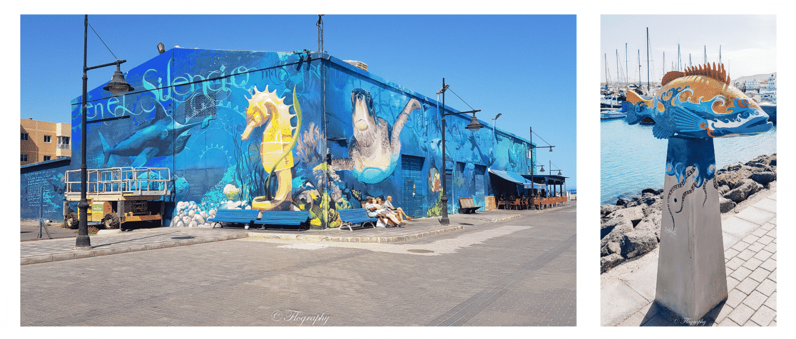 restaurant avec peinture de fond marin sur le port de Corralejo à Fuerteventura