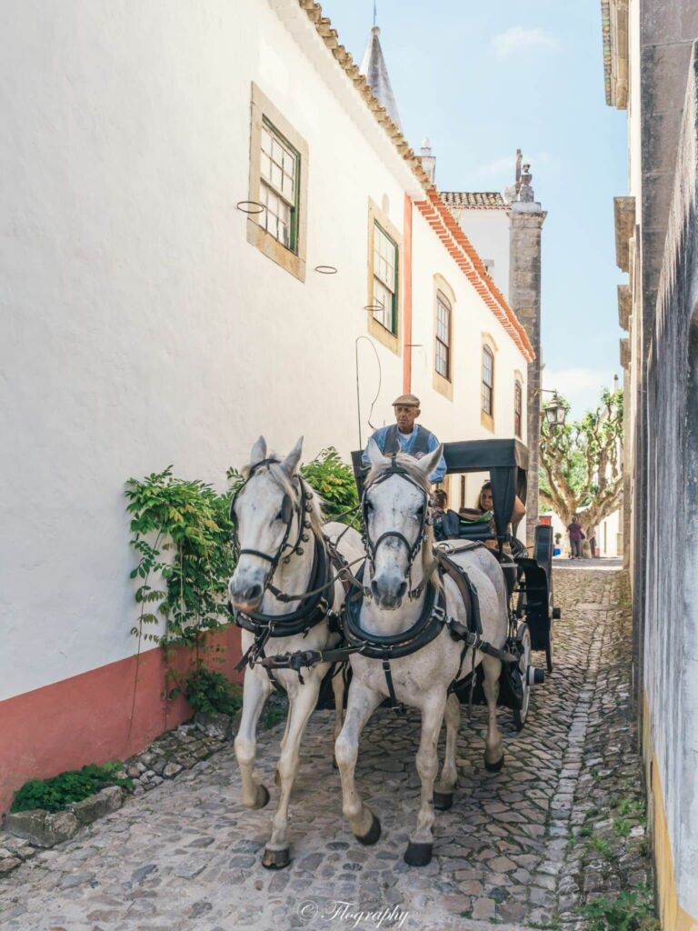 Calèche de chevaux à Obidos au Portugal promenade pour touristes